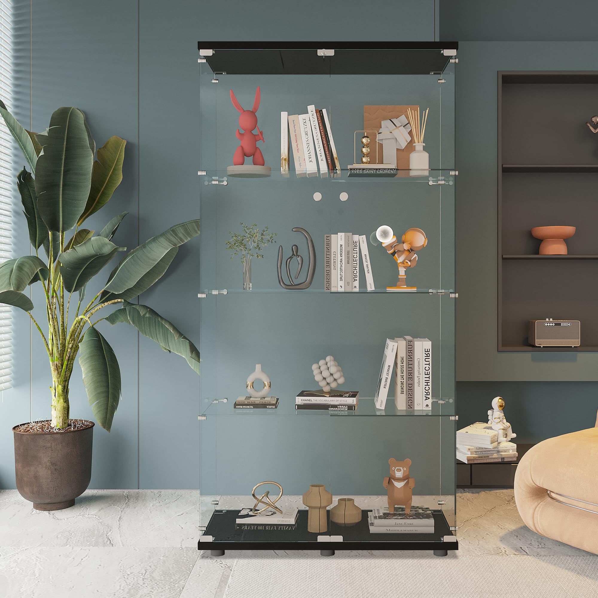 Beauty4U Glass Display Cabinet With 4 Shelves, 2 Doors Curio Cabinets For Living Room, Bedroom, Office, Black Floor Standing Glass Bookshelf, Quick Installation